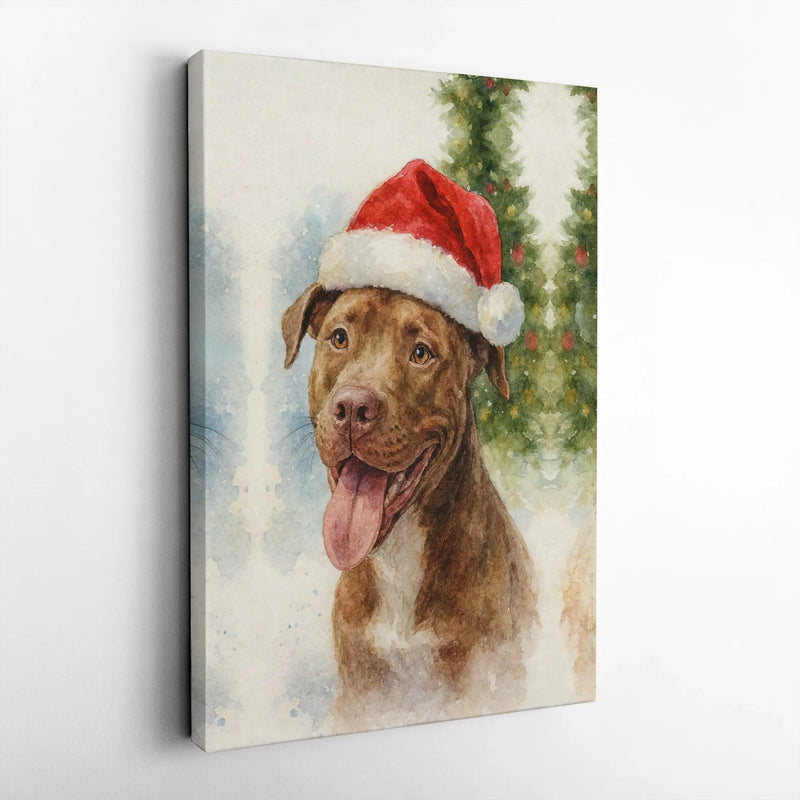 Festive Dog Holiday Wall Decor, Watercolor Pit Bull in Santa Hat Christmas Canvas Art, Adorable Winter Pup Decor, Christmas Pit Bull Canvas Art