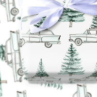Watercolor Pine Christmas Wrapping Paper, Retro Blue Car with Tree Wrapping Paper, Vintage Winter Holiday Gift Wrap, Festive Xmas Paper Roll