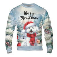 Adorable Dog Santa Hat Sweater, Bichon Frise Christmas Sweatshirt, Puppy Winter Graphic Crewneck, Pet Lover Holiday Pullover, Xmas Dog Mom Present