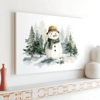 Winter Forest Canvas Print, Watercolor Snowman Canvas Wall Art, Snowy Pine Tree Canvas, Rustic Holiday Wall Decor, Christmas Home Present