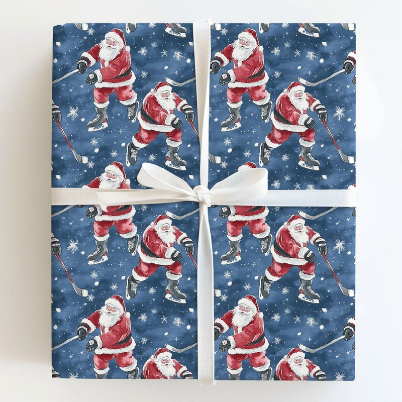 Ice Hockey Christmas Gift Wrap, Hockey Santa Wrapping Paper, Dark Blue Sports Holiday Gift Wrap, Winter Hockey Player Gift Wrapping Paper