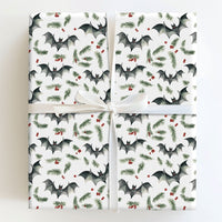 Spooky Bat and Holly Gift Wrap, Gothic Christmas Wrapping Paper, Alternative Holiday Gift Wrapping Paper, Creepy Adorable Xmas Present Wrap