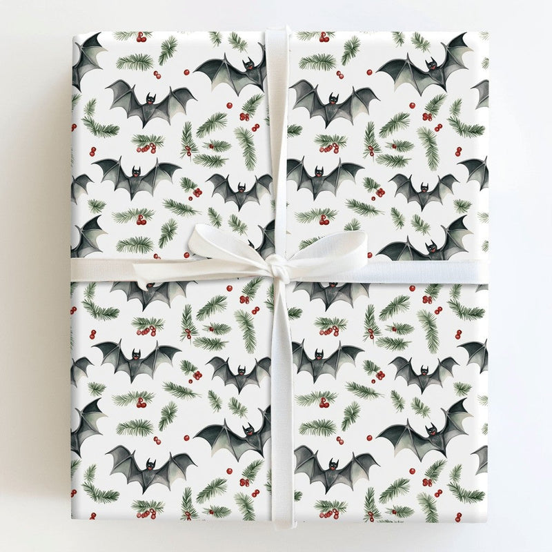 Spooky Bat and Holly Gift Wrap, Gothic Christmas Wrapping Paper, Alternative Holiday Gift Wrapping Paper, Creepy Adorable Xmas Present Wrap