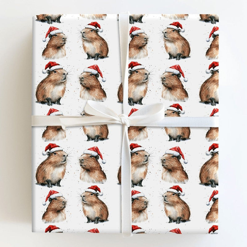 Adorable Santa Hat Capybara Gift Wrap, Christmas Capybara Wrapping Paper, Watercolor Animal Holiday Wrapping Paper, Xmas Present Gift Wrap Roll