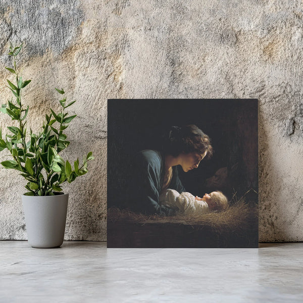 Madonna and Child Oil Painting Art, Nativity Scene Square Canvas, Christian Nativity Canvas Print, Holy Family Christmas Wall