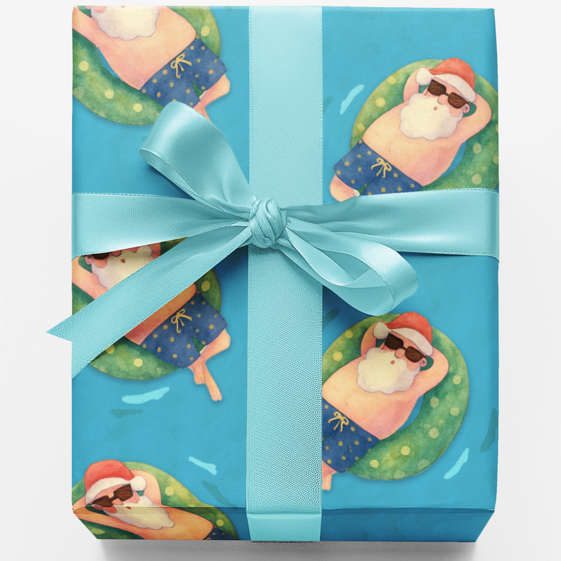Pool Float Christmas Gift Wrap, Tropical Santa Claus Wrapping Paper, Beach Holiday Gift Wrapping Paper, Humorous Xmas in July Paper Roll