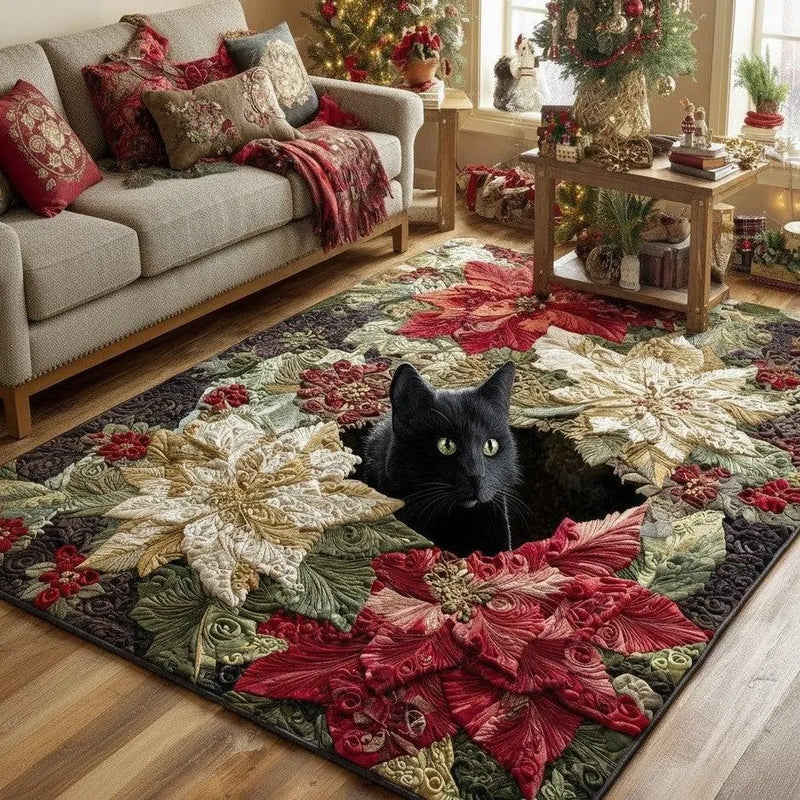 Optical Illusion Poinsettia Floor Rug, Christmas Black Cat Area Rug, Adorable Cat Lover Accent Rug, Festive Winter Holiday Home Decor Present