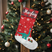 Plaid Cuff Holiday Dino Stocking, Personalized T-Rex Dinosaur Christmas Stocking, Custom Name Kids Xmas Stocking, Festive Family Room Decor