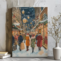 Snowy Night Winter City Wall Art, Christmas Shopping Street Canvas, Festive Holiday Townscape Print, Comfy Christmas Village Art Canvas