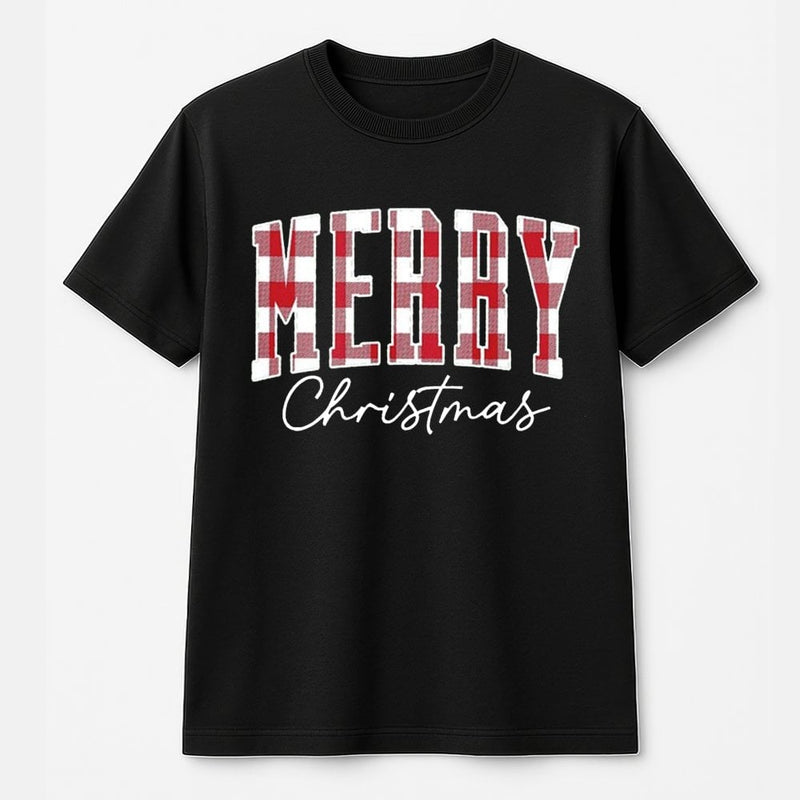 Red Plaid Buffalo Check Holiday Tee, Merry Christmas T-Shirt, Vintage Festive Typography Graphic Shirt, Comfy Xmas Apparel Present