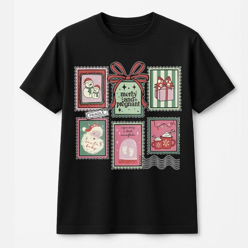 Vintage Holiday Stamp Graphic Tee, Merry and Pregnant Christmas T-Shirt, Adorable Pregnancy Reveal Shirt, Expecting Mom Xmas Present Tee