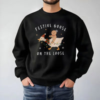 Humorous Christmas Goose Crewneck, Festive Goose on the Loose Sweatshirt, Gingerbread Man Riding Goose Pullover, Holiday Sweater Present