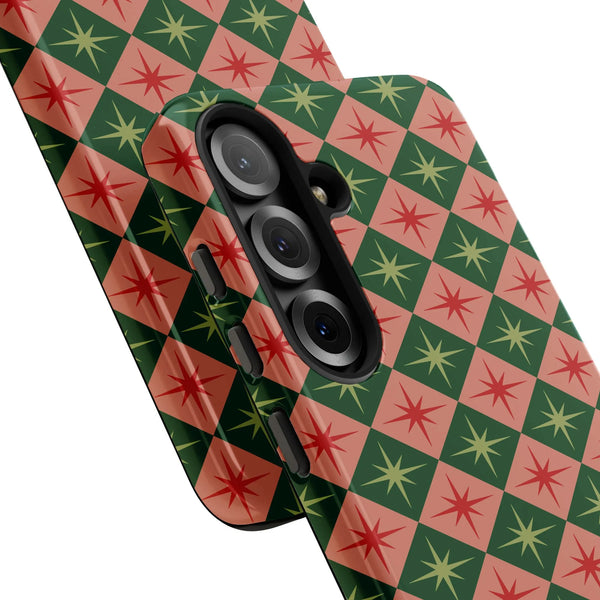 Mid-Century Star Pattern Phone Cover, Retro Starburst Checkered Phone Case for Samsung Galaxy, Vintage Christmas Geometric Pr