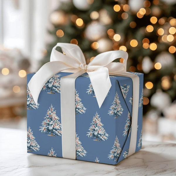 Dusty Blue Winter Gift Wrap, Snowy Christmas Tree Wrapping Paper, Realistic Pine Tree Wrapping Paper, Forest Holiday Gift Wra