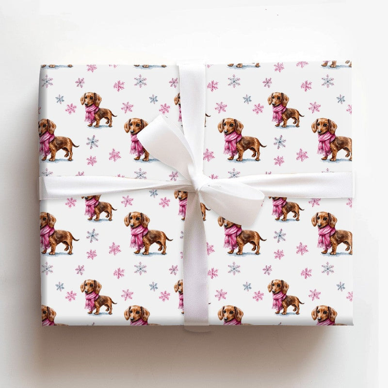 Pink Scarf Dog Holiday Gift Wrap, Dachshund Christmas Wrapping Paper, Watercolor Wiener Dog Wrapping Paper, Winter Pet Gift Wrap Roll