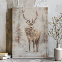 Snowy Winter Forest Deer Portrait, Christmas Stag Canvas Wall Art, Rustic Holiday Lodge Decor Print, Festive Farmhouse Stag Art Canvas