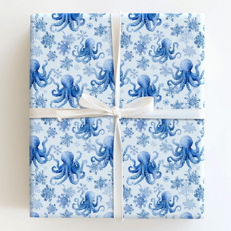 Coastal Christmas Wrapping Paper, Blue Octopus Wrapping Paper, Watercolor Snowflake Holiday Wrapping Paper, Ocean Lover Gift Wrap Roll