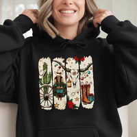 Cowgirl Holiday Graphic Sweatshirt, Western Christmas Boots Hoodie, Festive Rodeo Xmas Tree Pullover, Southern Christmas Present Hoodie