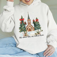 Watercolor Church Christmas Hooded Sweatshirt, Oh Come Let Us Adore Him Hoodie, Christian Holiday Sweater, Religious Faith Christmas Hoodie