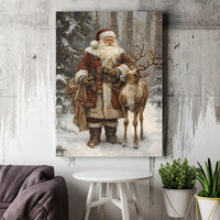 Snowy Forest Reindeer Canvas Wall Art, Vintage Santa Claus Canvas Print, Rustic Christmas Canvas Decor, Holiday Season Fine Art Present