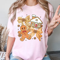 Coquette Christmas Bow Graphic Tee, Gingerbread Man T-Shirt, Adorable Pink Holiday Baking Shirt, Retro Xmas Aesthetic Present for Her