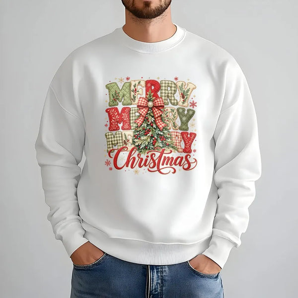 Plaid Christmas Tree Sweater, Merry Merry Merry Christmas Sweatshirt, Vintage Holiday Crewneck, Rustic Christmas Pullover, Wo