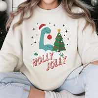 Adorable Festive Dino Holiday Crewneck, Holly Jolly Dinosaur Christmas Sweatshirt, Retro Xmas Dinosaur Pullover, Winter Sweater