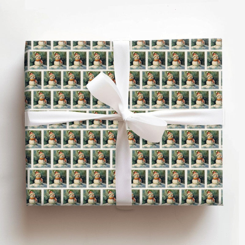 Retro Christmas Wrapping Paper, Vintage Snowman Postage Stamp Wrapping Paper, Nostalgic Holiday Gift Wrapping Paper, Winter Xmas Gift Wrap