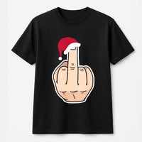Sarcastic Santa Hat Graphic Tee, Humorous Middle Finger Christmas T-Shirt, Rude Holiday Xmas Shirt, Humorous Gag Present for Men & Women