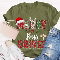 Custom Santa Hat Holiday Graphic Tee, Personalized Bus Driver Christmas T-Shirt, Merry Christmas Driver Shirt, Adorable Xmas School Bus Tee