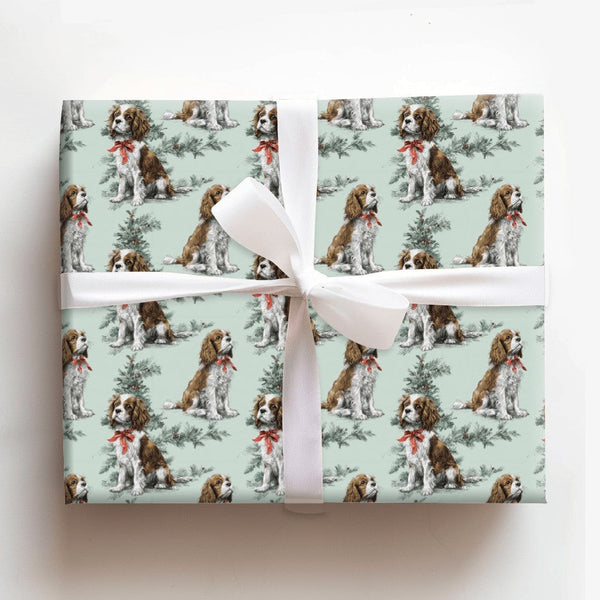 Christmas Dog Gift Wrap, Cavalier King Charles Spaniel Wrapping Paper, Red Bow Puppy Wrapping Paper, Pet Lover Holiday Presen