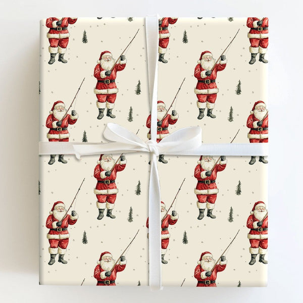 Fisherman Christmas Gift Wrap, Fishing Santa Wrapping Paper, Pine Tree Holiday Wrapping Paper, Outdoor Santa Present Wrap Rol