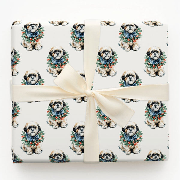 Dog Wreath Holiday Gift Wrap, Shih Tzu Christmas Wrapping Paper, Adorable Shih Tzu Puppy Wrapping Paper, Dog Lover Xmas Gift 