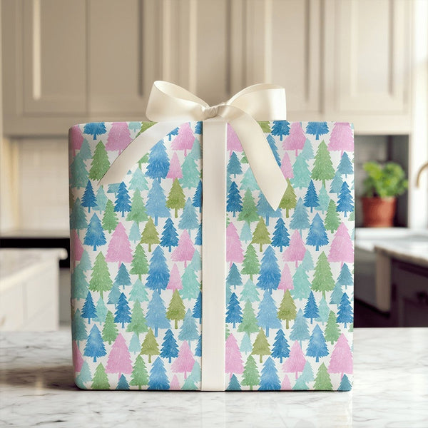 Watercolor Forest Gift Wrap, Pastel Pine Tree Wrapping Paper, Winter Woodland Wrapping Paper, Christmas Holiday Birthday Pres
