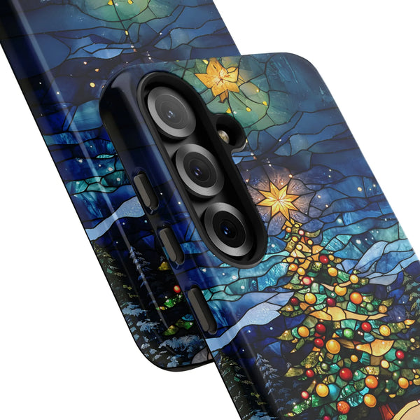 Holiday Winter Phone Cover, Stained Glass Christmas Tree Phone Case, Festive Xmas Phone Case, Dual Layer Polycarbonate Samsun