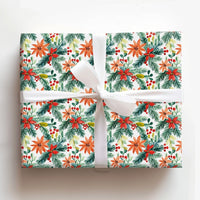 Christmas Holly Gift Wrap, Watercolor Poinsettia Wrapping Paper, Botanical Pine Wrapping Paper Roll, Festive Holiday Present Wrap Paper