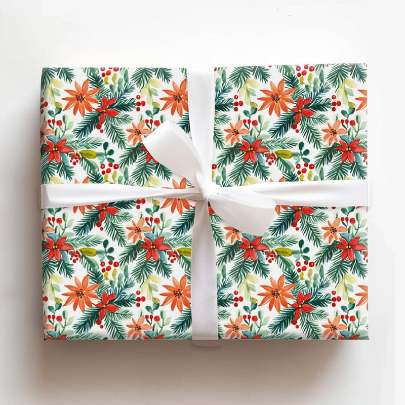 Christmas Holly Gift Wrap, Watercolor Poinsettia Wrapping Paper, Botanical Pine Wrapping Paper Roll, Festive Holiday Present Wrap Paper