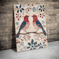 Folk Art Snowflakes Berries Canvas, Winter Bird Canvas Art, Festive Christmas Canvas Print, Holiday Bird Wall Decor, Winter Nature Art Present