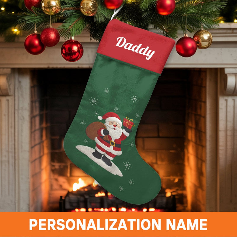 Custom Name Surf Holiday Stocking, Personalized Surfing Santa Christmas Stocking, Tropical Coastal Xmas Stocking, Beach Decor Present for Dad