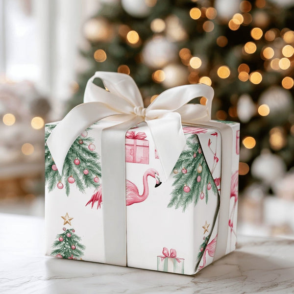 Tropical Holiday Gift Wrap, Pink Flamingo Christmas Wrapping Paper, Watercolor Flamingo Tree Wrapping Paper, Whimsical Christ