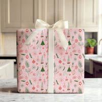 Hand Drawn Holiday Ornament Gift Wrap, Pink Christmas Tree Wrapping Paper, Pastel Pink Christmas Wrapping Paper, Festive Xmas Wrapping Paper