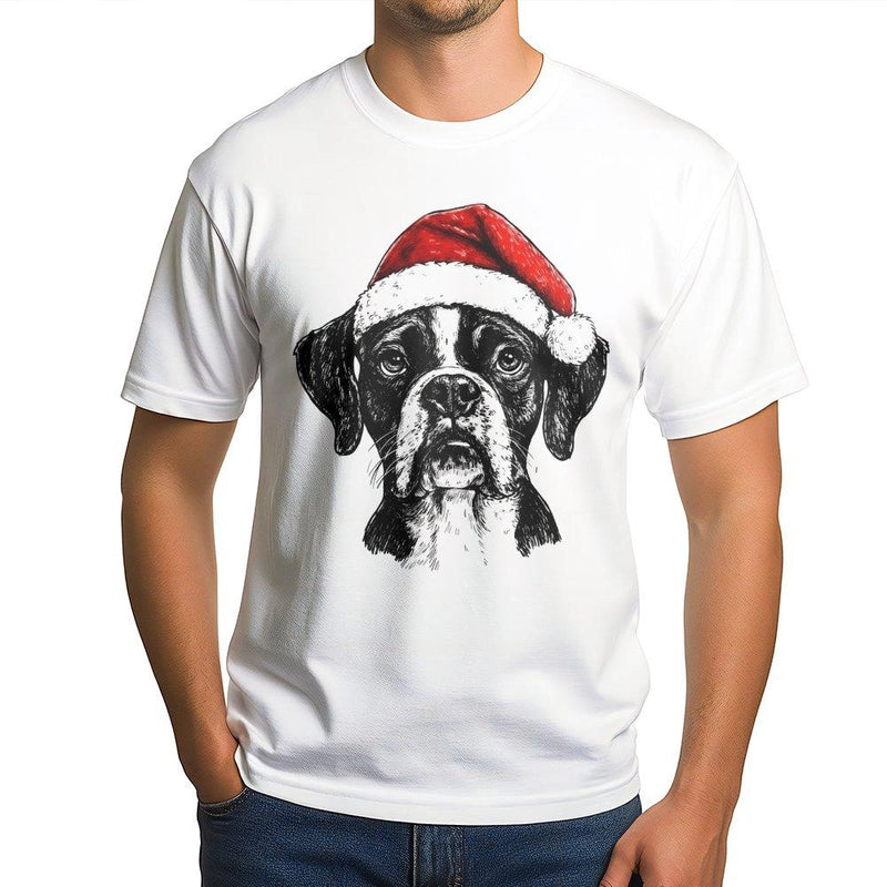 Festive Santa Hat Puppy Graphic Tee, Boxer Dog Christmas T-Shirt, Adorable Boxer Dog Lover Holiday Shirt, Pet Owner Christmas Apparel Top
