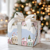 Candy Cane Winter Gift Wrap, Pastel Christmas Village Wrapping Paper, Pink Townhouse Holiday Wrapping Paper