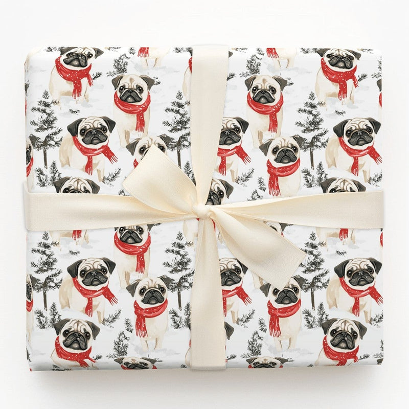 Festive Winter Scarf Pug Gift Wrap, Pug Dog Christmas Wrapping Paper, Holiday Puppy Wrapping Paper, Adorable Dog Lover Christmas Gift Wrap