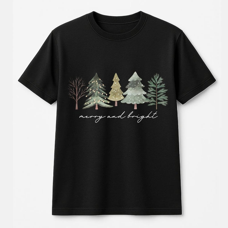 Watercolor Christmas Tree Shirt, Merry and Bright Christmas Tree T-Shirt, Festive Pine Forest Graphic Tee, Botanical Christmas Tree Tee