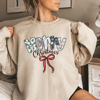 Festive Pattern Bow Sweatshirt, Merry Christmas Sweatshirt, Holiday Red Bow Crewneck, Adorable Xmas Graphic Sweatshirt, Winter Holiday Present