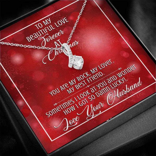 Cubic Zirconia Ribbon Necklace, Ribbon Pendant Necklace for Wife, 14k White Gold Over Steel Necklace, Romantic Christmas Holi