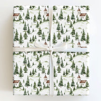 Watercolor Pine Forest Gift Wrap, Country Church Wrapping Paper, Rustic Chapel Present Wrap, Religious Christmas Holiday Paper