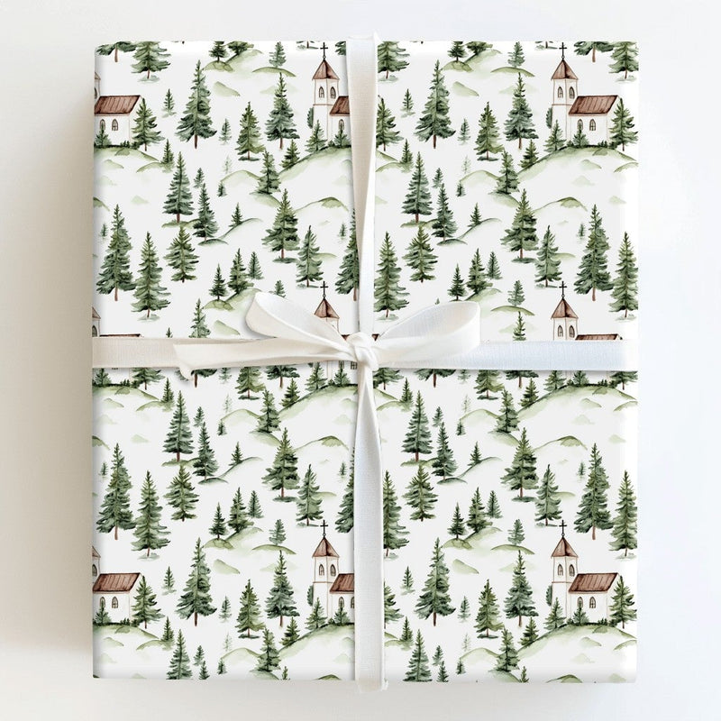 Watercolor Pine Forest Gift Wrap, Country Church Wrapping Paper, Rustic Chapel Present Wrap, Religious Christmas Holiday Paper