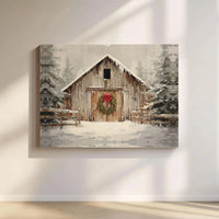 Christmas Wreath Winter Landscape Wall Art, Rustic Snowy Barn Canvas Print, Farmhouse Holiday Decor, Comfy Christmas Scene Canvas